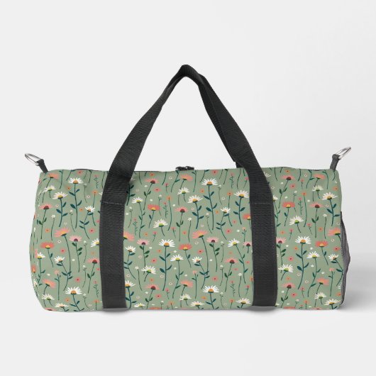 Boho-Chic-Blumenmuster Salbeigrün Duffle Bag (Vorderseite)
