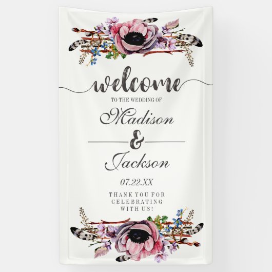 Boho Chic Blush Pink Blues Hochzeit Begrüßung Banner (Vertikal)