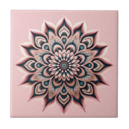 Boho Chic Blush Pink Blume Mandala mit dunklem Aqu Fliese