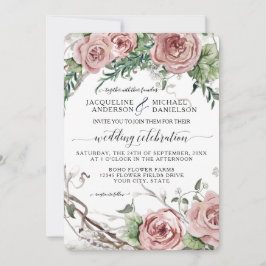 BOHO Chic Blush Pink Floral Rustic Wreath Wedding Einladung