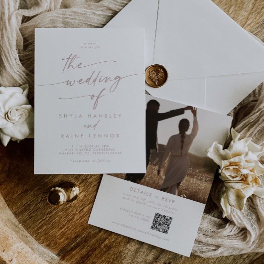 Boho Chic Blush Pink Foto QR Code Hochzeit Einladung