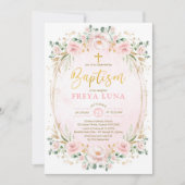 Boho Chic Blush Pink Gold Floral Girl Taufe Einladung (Vorderseite)