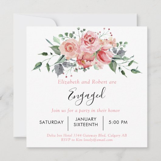 Boho Chic Blush Pink Rose Verlobtes Script Floral  Einladung (Vorderseite)