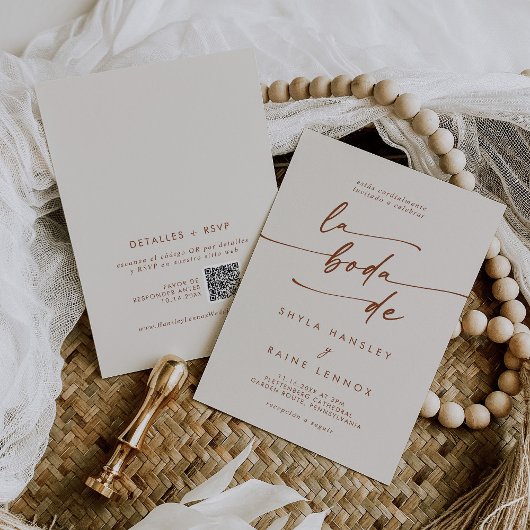 Boho Chic Bohemisch Cream QR Code Spanische Hochze Einladung