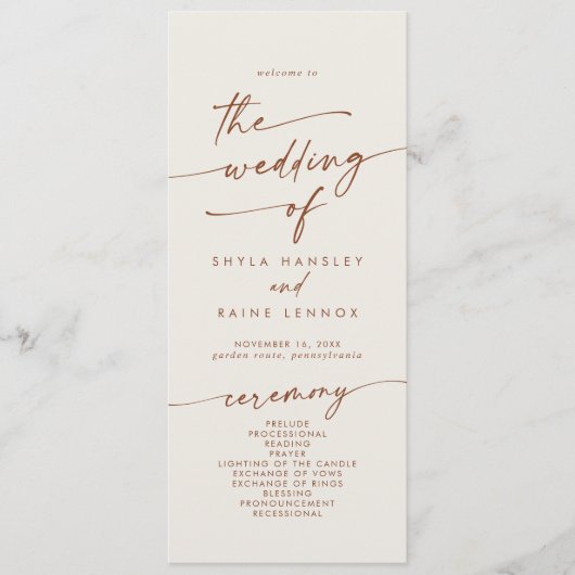 Boho Chic Bohemisch Cream Tee Length Wedding Programm (Vorderseite)