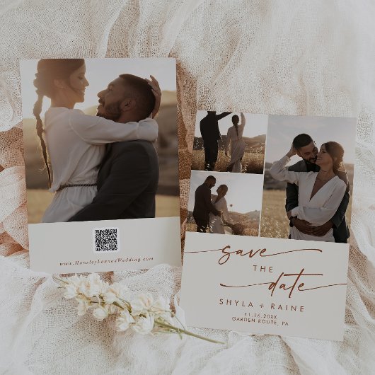 Boho Chic Bohemisch Creme Multi Foto QR Code Save The Date