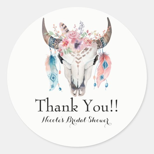 Boho Chic Bohemisch Feathers & Cow Skull Party Runder Aufkleber (Vorderseite)