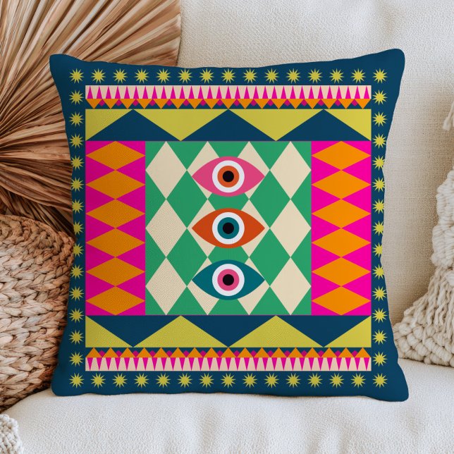 Boho-Chic Böse Augen Abstract Maximalist Farbiger Kissen (Von Creator hochgeladen)