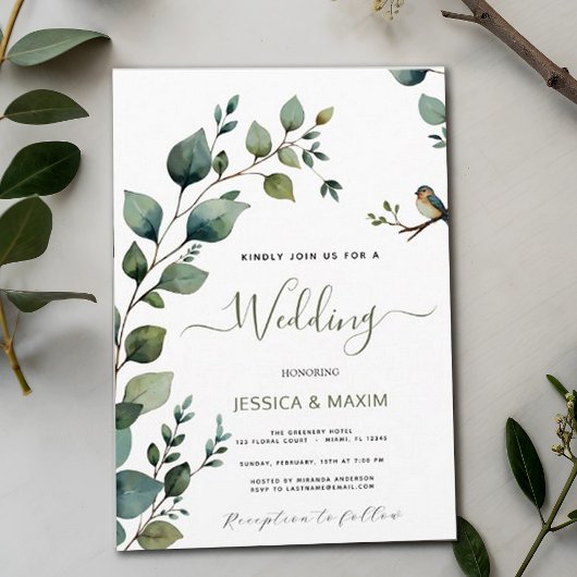 Boho Chic Botanical Green Branch Wedding Einladung
