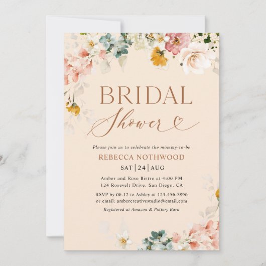 Boho Chic Botanical Heart Script Brautparty Einladung (Vorderseite)