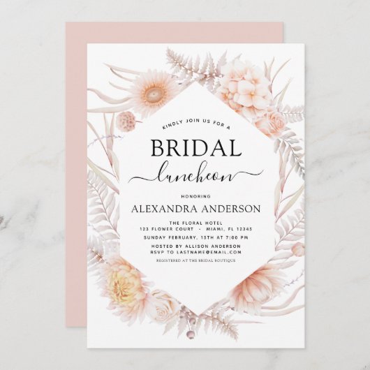 Boho Chic Brautparty Luncheon Dusty Pink Wüste Einladung (Vorne/Hinten)