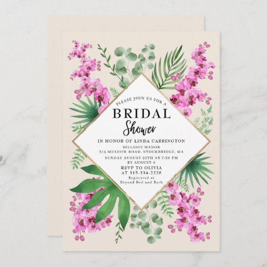 Boho Chic Brautparty Tropical Floral QR Code Einladung (Vorne/Hinten)