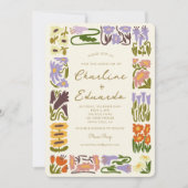 Boho-Chic Bunte Blumen Retro-Hochzeit Einladung (Vorderseite)