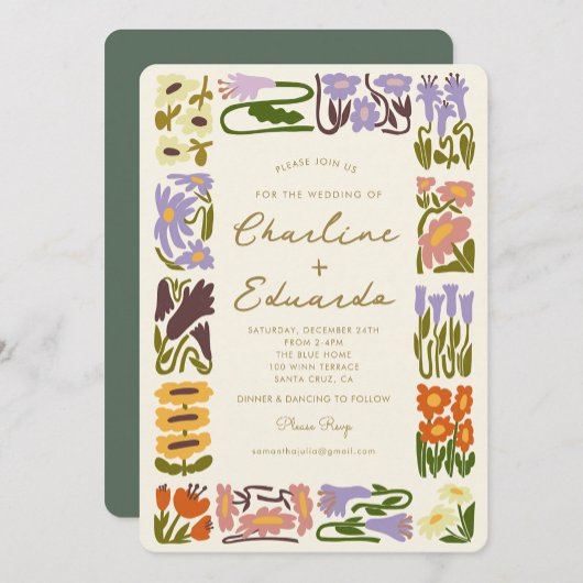 Boho-Chic Bunte Blumen Retro-Hochzeit Einladung