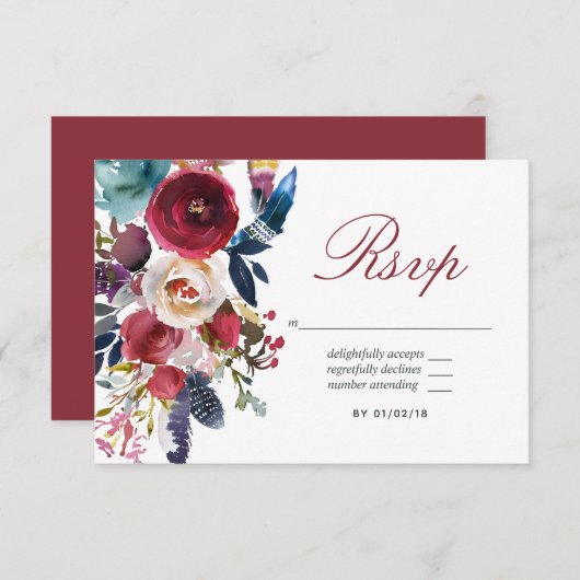 Boho Chic Burgund und Hochzeit im Herbst der Marin RSVP Karte (Vorne/Hinten)
