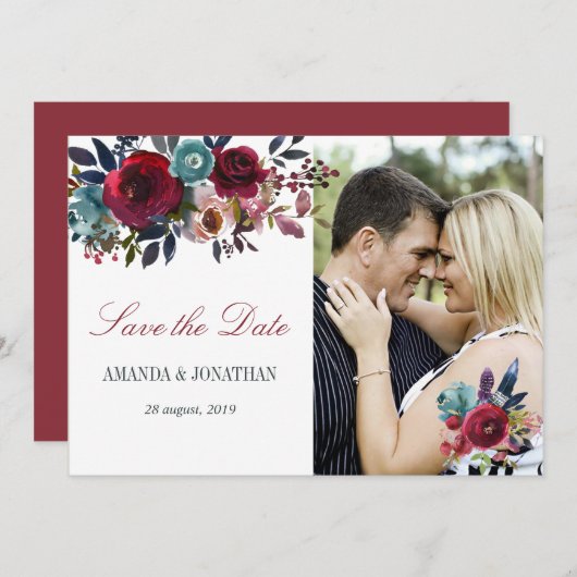Boho Chic Burgund und Hochzeit im Herbst der Marin Save The Date (Vorne/Hinten)