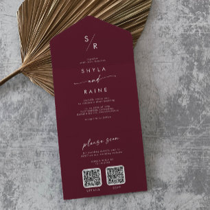 Boho-Chic Burgunderrotes Hochzeits-Dual-QR-Code All In One Einladung