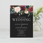 Boho Chic Burgundy Blue Flowers Wedding Einladung (Stehend Vorderseite)