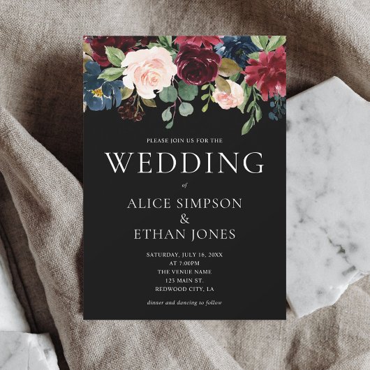 Boho Chic Burgundy Blue Flowers Wedding Einladung