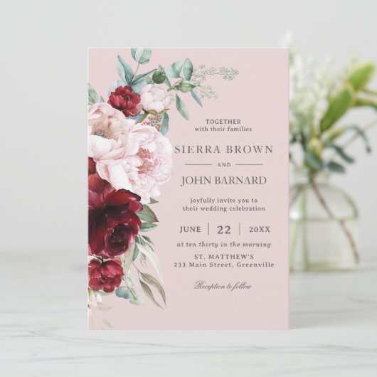 Boho Chic Burgundy Blush Peonies Floral Wedding Einladung (Stehend Vorderseite)