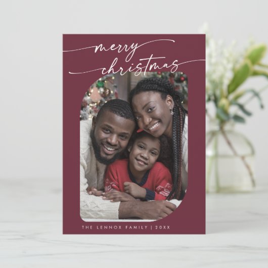Boho Chic Burgundy Foto Niedlich Frohe Weihnachten (Stehend Vorderseite)