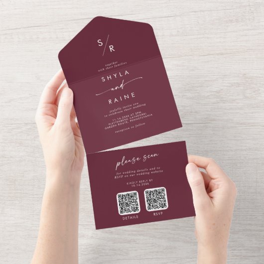 Boho Chic Burgundy Red Dual QR Code Wedding All In One Einladung (Abreißen)