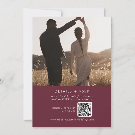 Boho Chic Burgundy Red Foto QR Code Wedding Einladung (Rückseite)