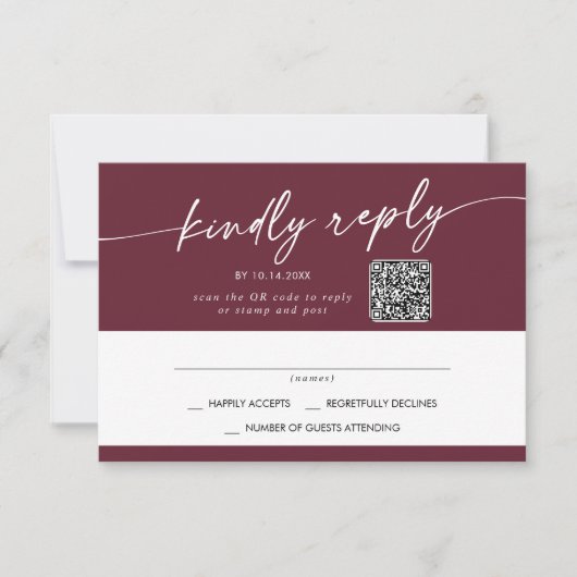 Boho Chic Burgundy Red Mail In und QR Code RSVP Karte (Vorderseite)