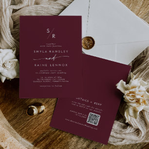 Boho Chic Burgundy Red Monogram QR Code Wedding Einladung