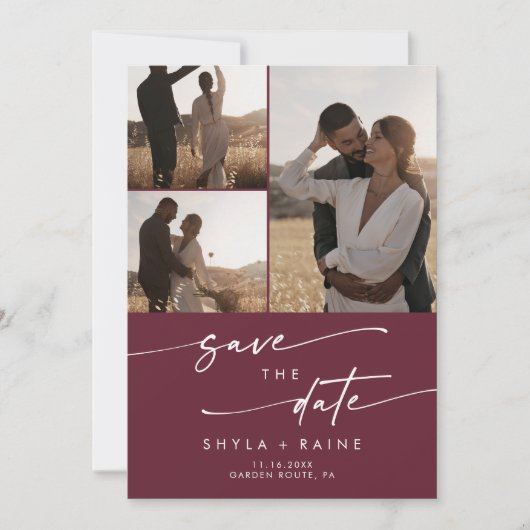 Boho Chic Burgundy Red Multi Foto QR Code Save The Date (Vorderseite)