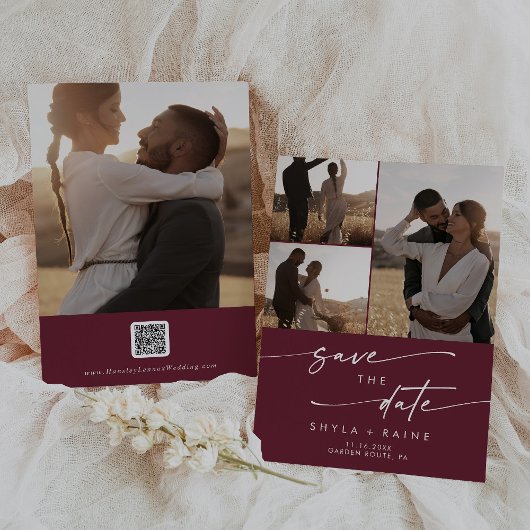 Boho Chic Burgundy Red Multi Foto QR Code Save The Date