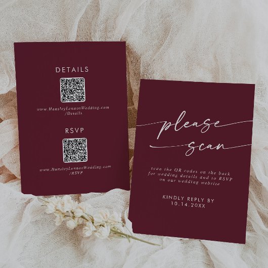 Boho Chic Burgundy Red QR Code Details RSVP Karte
