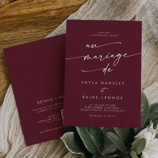 Boho Chic Burgundy Red QR Code Französisch Hochzei Einladung