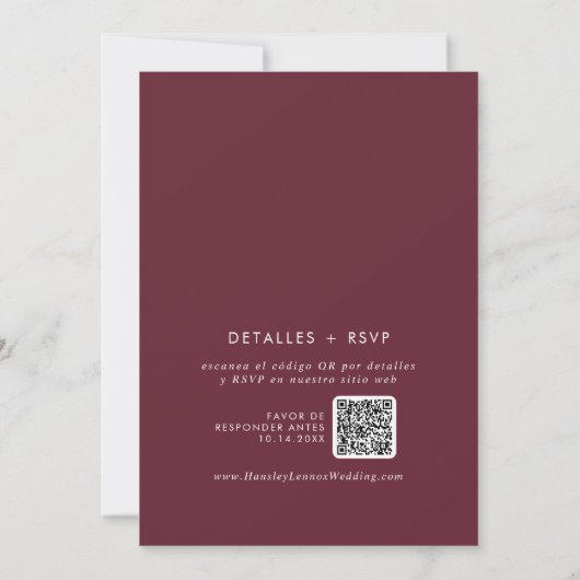 Boho Chic Burgundy Red QR Code Spanische Hochzeit Einladung (Rückseite)