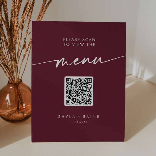 Boho Chic Burgundy Red QR Code Wedding Menu Sockelschild