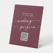 Boho Chic Burgundy Red QR Code Wedding Program Sockelschild (Vorderseite)