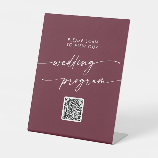 Boho Chic Burgundy Red QR Code Wedding Program Sockelschild (Vorderseite)