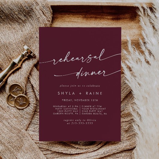 Boho Chic Burgundy Red Wedding Probe Dinner Einladung