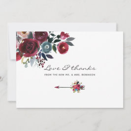 Boho Chic Burgundy und blumenreiche Hochzeit der M Dankeskarte