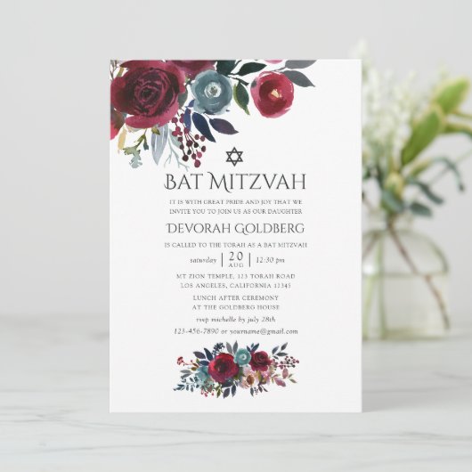 Boho Chic Burgundy und Marine Bat Mitzvah Einladung (Stehend Vorderseite)
