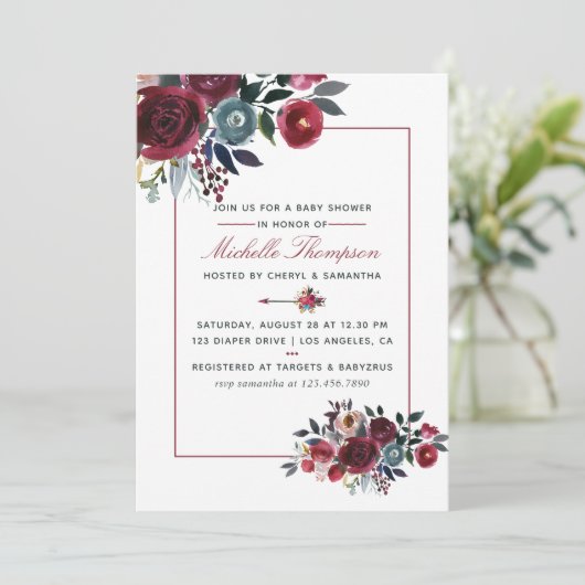 Boho Chic burgundy und Marineblütendusche Einladung (Stehend Vorderseite)