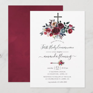 Boho Chic Burgundy und Navy Floral Heilige Kommune Einladung