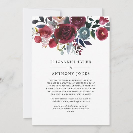 Boho Chic Burgundy und Navy Reduced Guest List Ankündigung (Vorderseite)