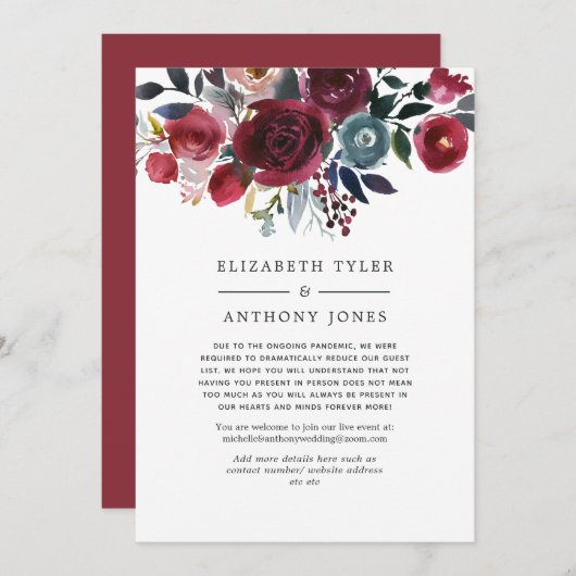 Boho Chic Burgundy und Navy Reduced Guest List Ankündigung (Vorne/Hinten)
