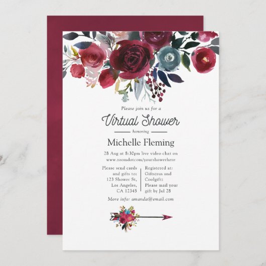 Boho Chic Burgundy und Navy Virtual Baby Shower Einladung (Vorne/Hinten)