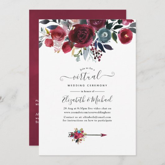 Boho Chic Burgundy und Virtual Wedding der Marine Einladung (Vorne/Hinten)