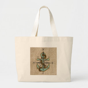 Boho chic burlap nautischer Kompass Blue Anker Jumbo Stoffbeutel