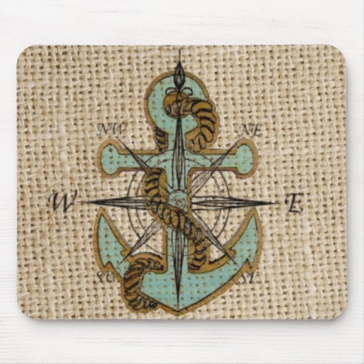 Boho chic burlap nautischer Kompass Blue Anker Mousepad (Vorne)