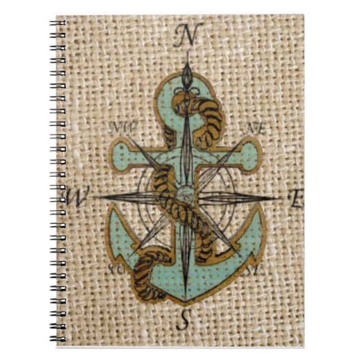 Boho chic burlap nautischer Kompass Blue Anker Notizblock (Vorderseite)