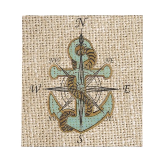 Boho chic burlap nautischer Kompass Blue Anker Notizblock (Vorderseite)